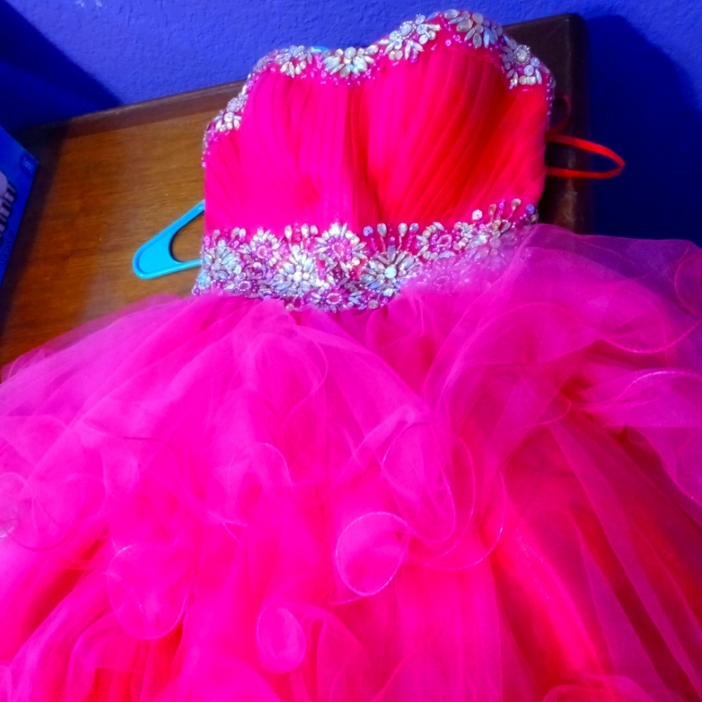 SIZE SMALL HOT PINK SHORT WITH DIAMONDS ON WAIST AND TOP  DRESS